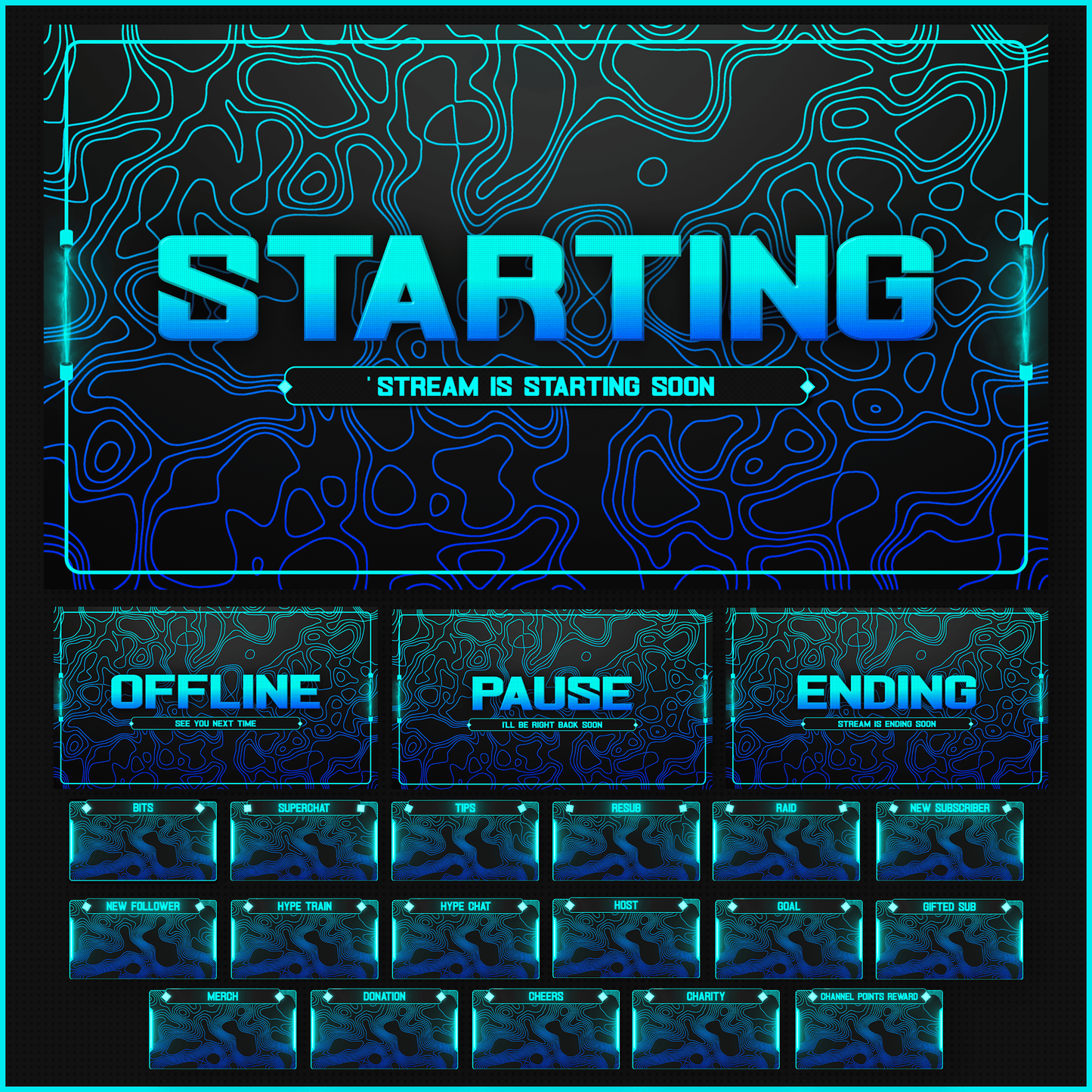 Blue stream overlays, Starting soon screen, offline, pause, ending screens. Blue stream alerts.
