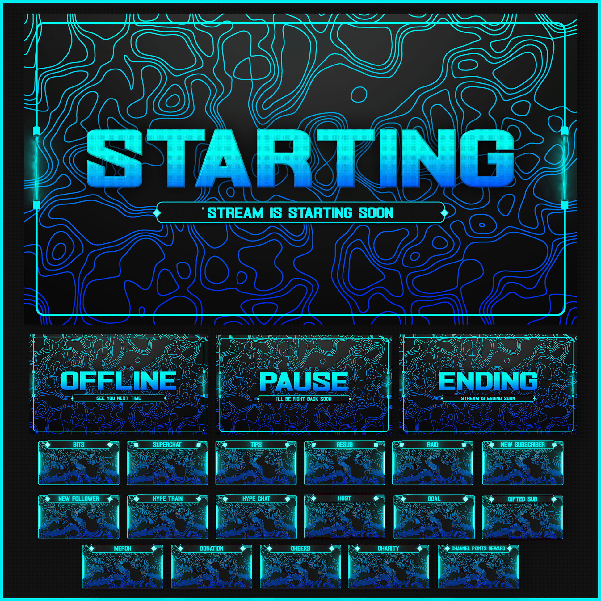 Blue stream overlays, Starting soon screen, offline, pause, ending screens. Blue stream alerts.
