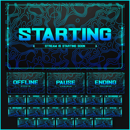 Blue stream overlays, Starting soon screen, offline, pause, ending screens. Blue stream alerts.