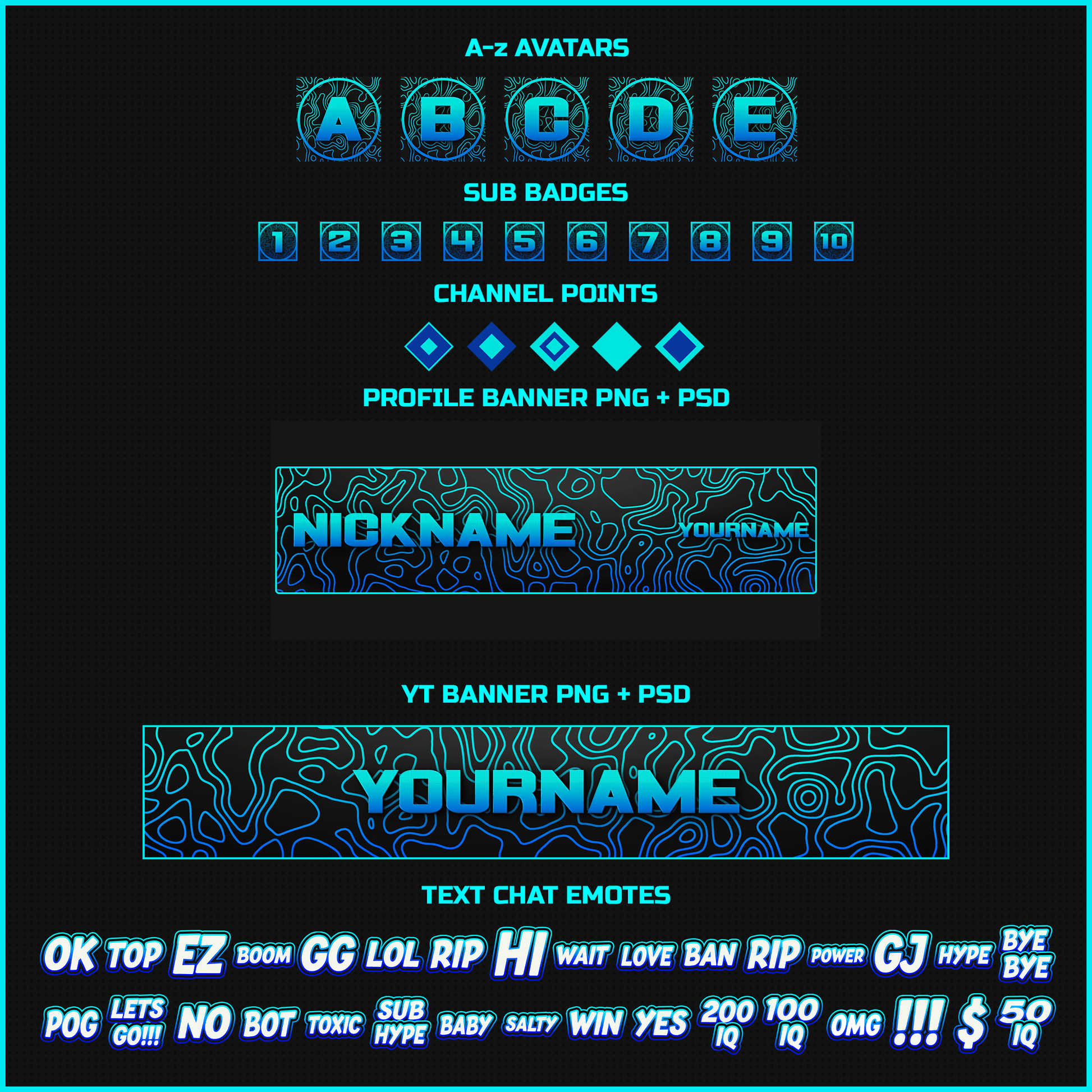 Aqua blue streamer profile. Sub badges, avatars, twitch banners, youtube banners, emotes, icons