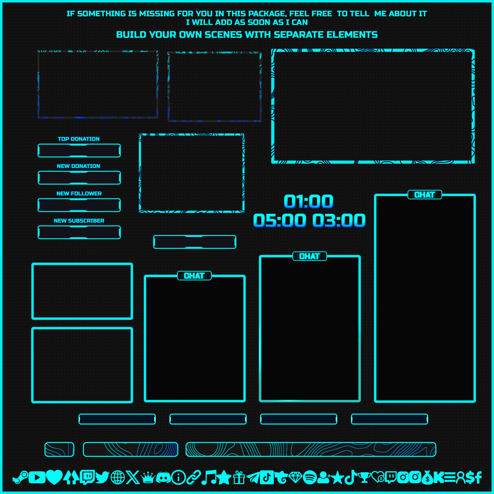 Aqua - Blue coordinates stream overlays. Webcam frames, chat boxes, timers, streamlabels.