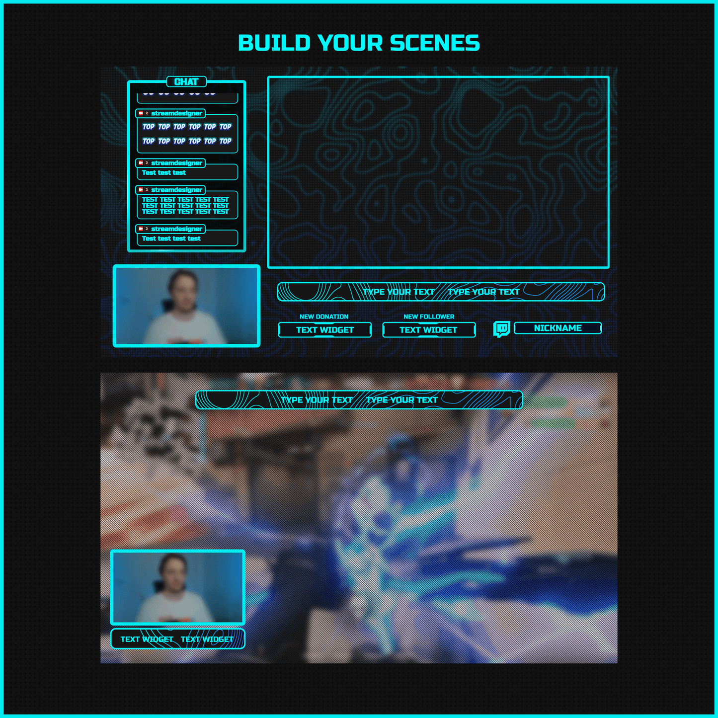 Aqua blue stream overlays, elements, webcam frames, chat, streamlabels, text holders, top bar, widgets.