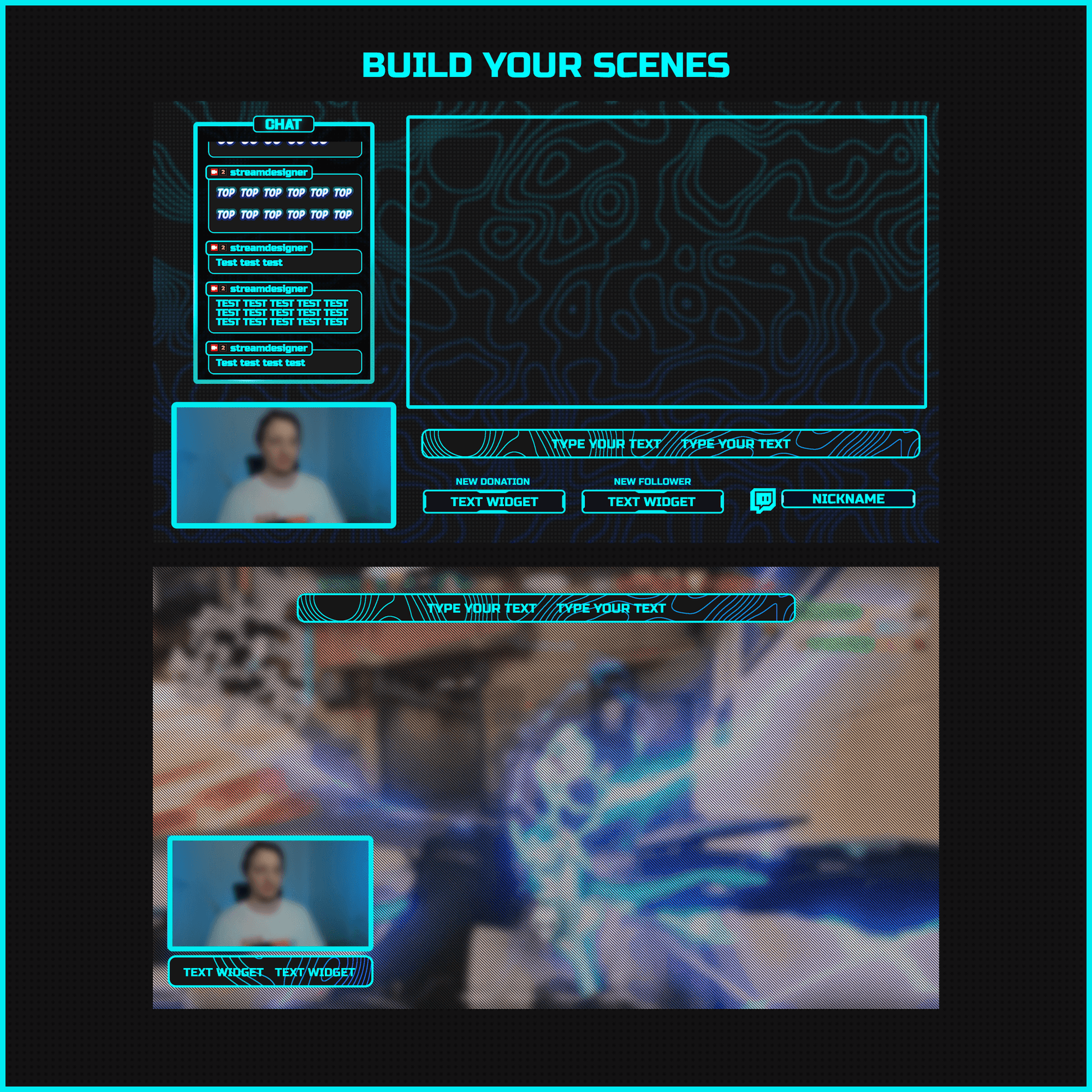 Aqua blue stream overlays, elements, webcam frames, chat, streamlabels, text holders, top bar, widgets.