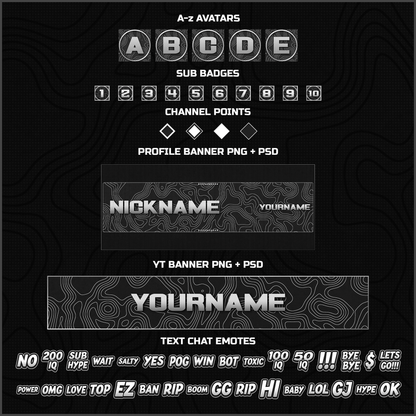 BLACK AND WHITE STREAM AVATARS, SUB BADGES, CHANNEL POINTS, TWITCH PROFILE BANNER, YOUTUBE PROFILE BANNER, EMOTES
