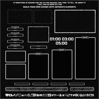 BLACK AND WHITE WEBCAM FRAMES,CHAT BOXES,STREAM LABELS, TEXT HOLDERS, ICONS