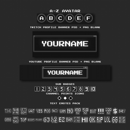 BLACK AND WHITE RETRO STREAM AVATAR, BANNERS, SUB BADGES, TEXT EMOTES