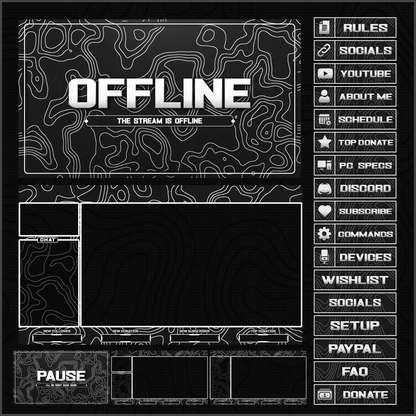 Black and white Stream Overlays package, Offline Screen, Twitch panels, Intermission screens, Pause screen