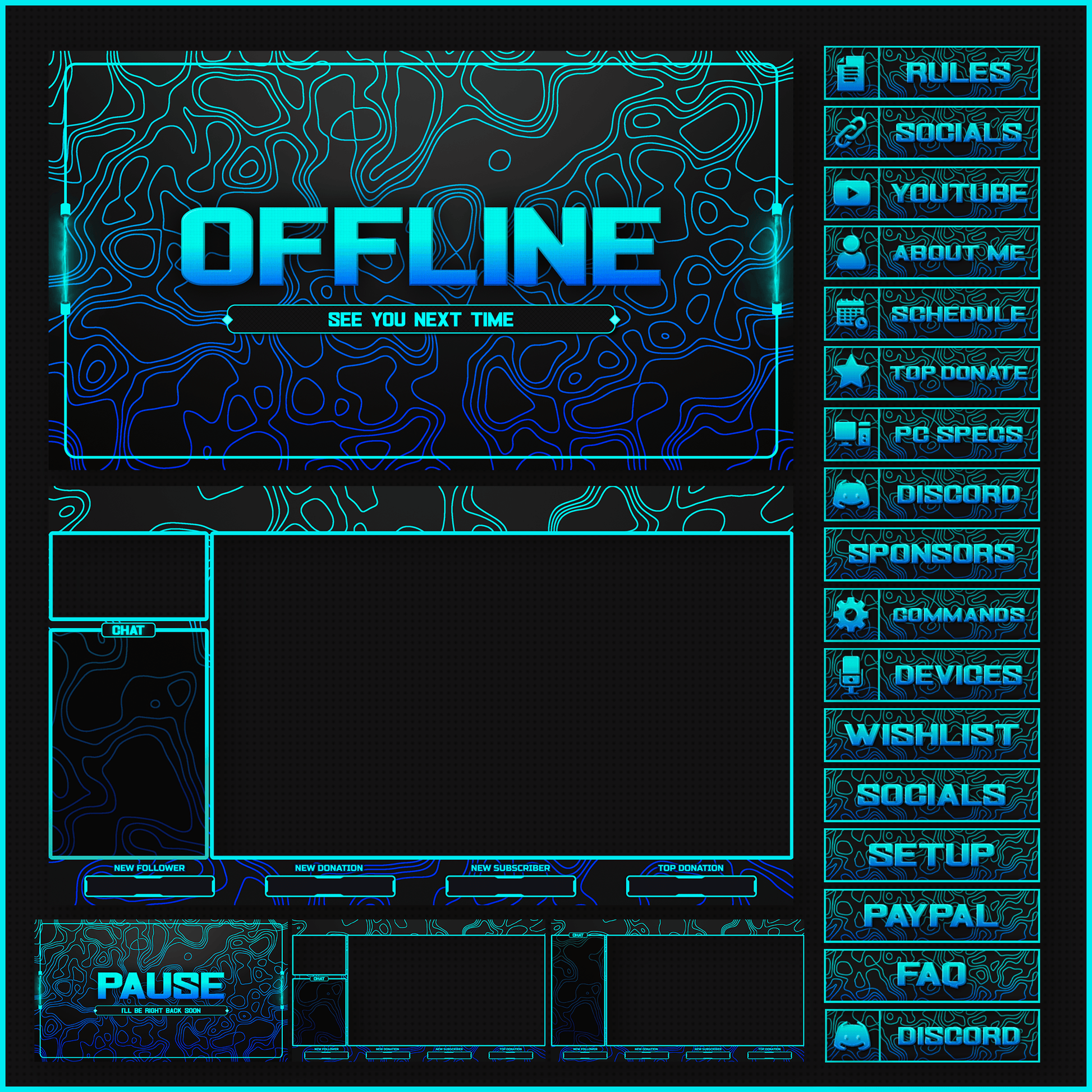 Aimated aqua blue stream overlays package. Offline banner, stream panels, intermission screens, Pause