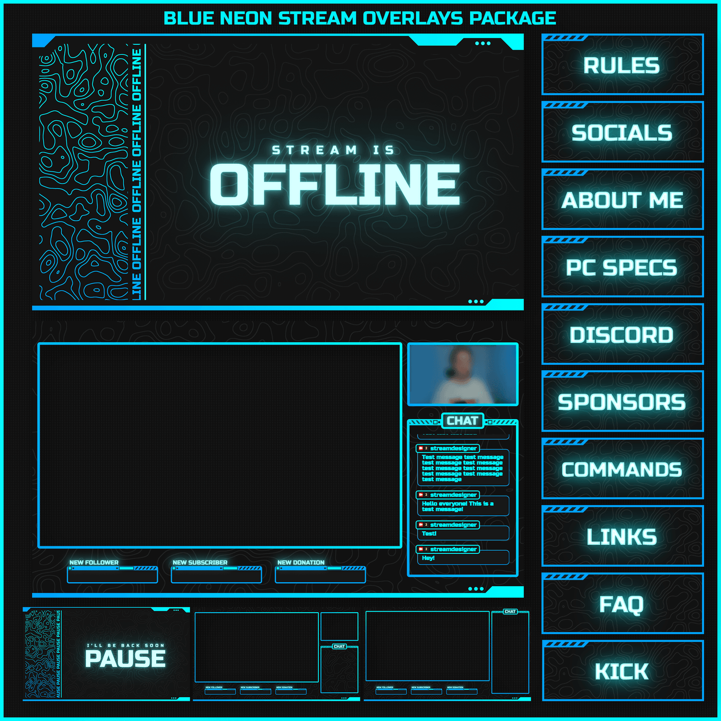 Blue neon stream overlays pack. Stream offline, panels, intermission screen, stream chat, stream pause, just chatting overlay.