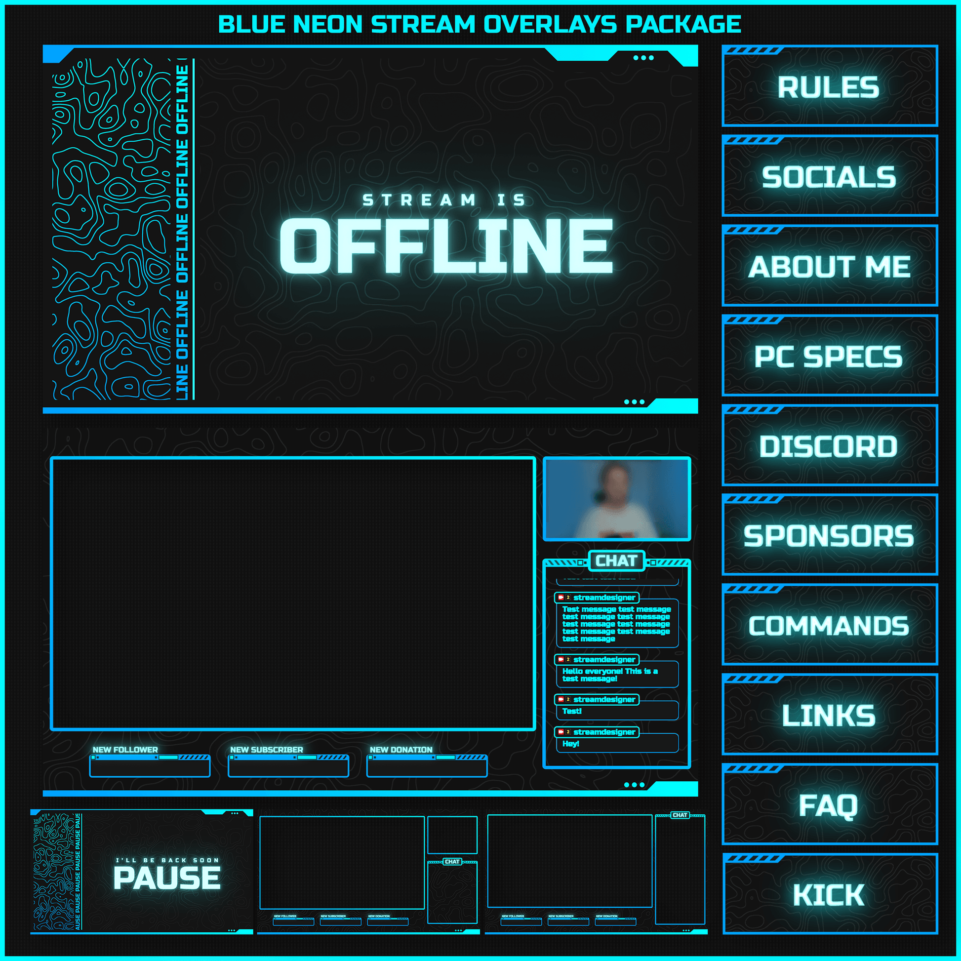 Blue neon stream overlays pack. Stream offline, panels, intermission screen, stream chat, stream pause, just chatting overlay.