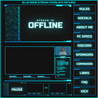 Blue neon stream overlays pack. Stream offline, panels, intermission screen, stream chat, stream pause, just chatting overlay.