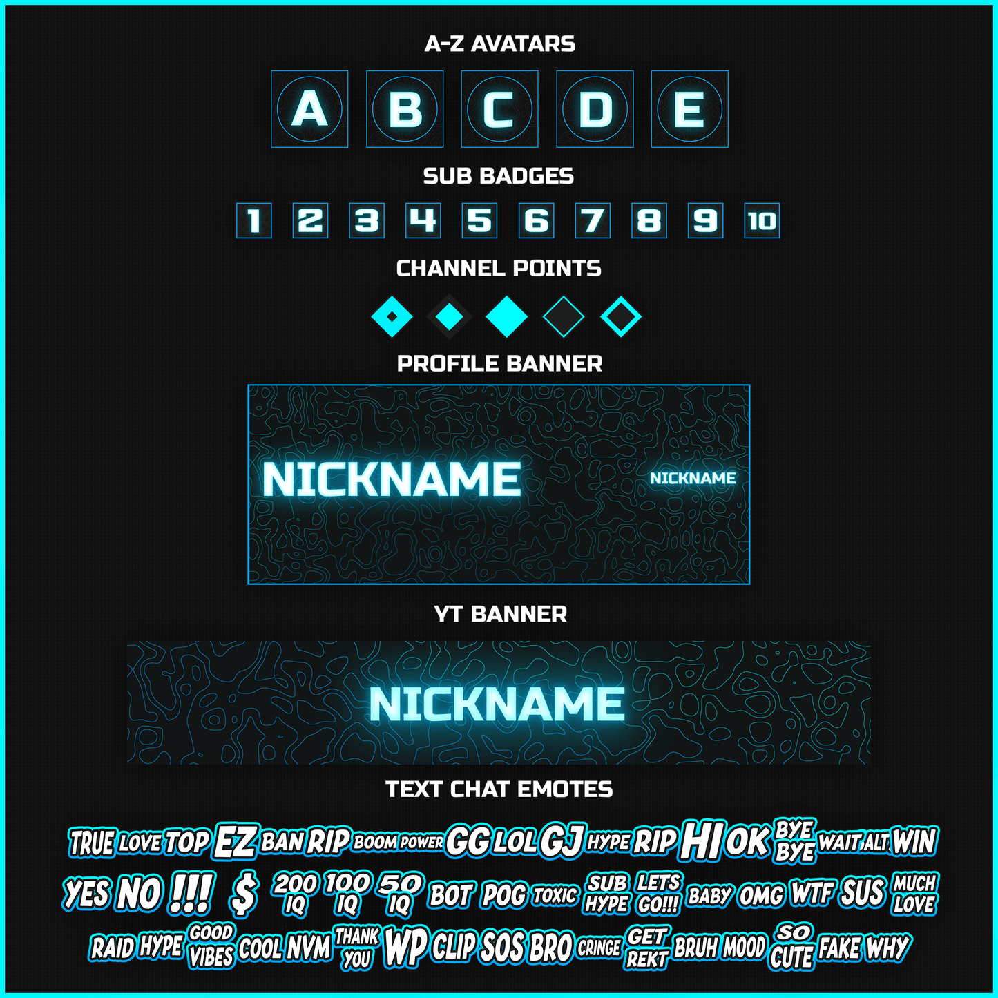 Blue neon stream overlays. Avatars, sub badges, channel points, profile banner, youtube banner, text chat emotes. 