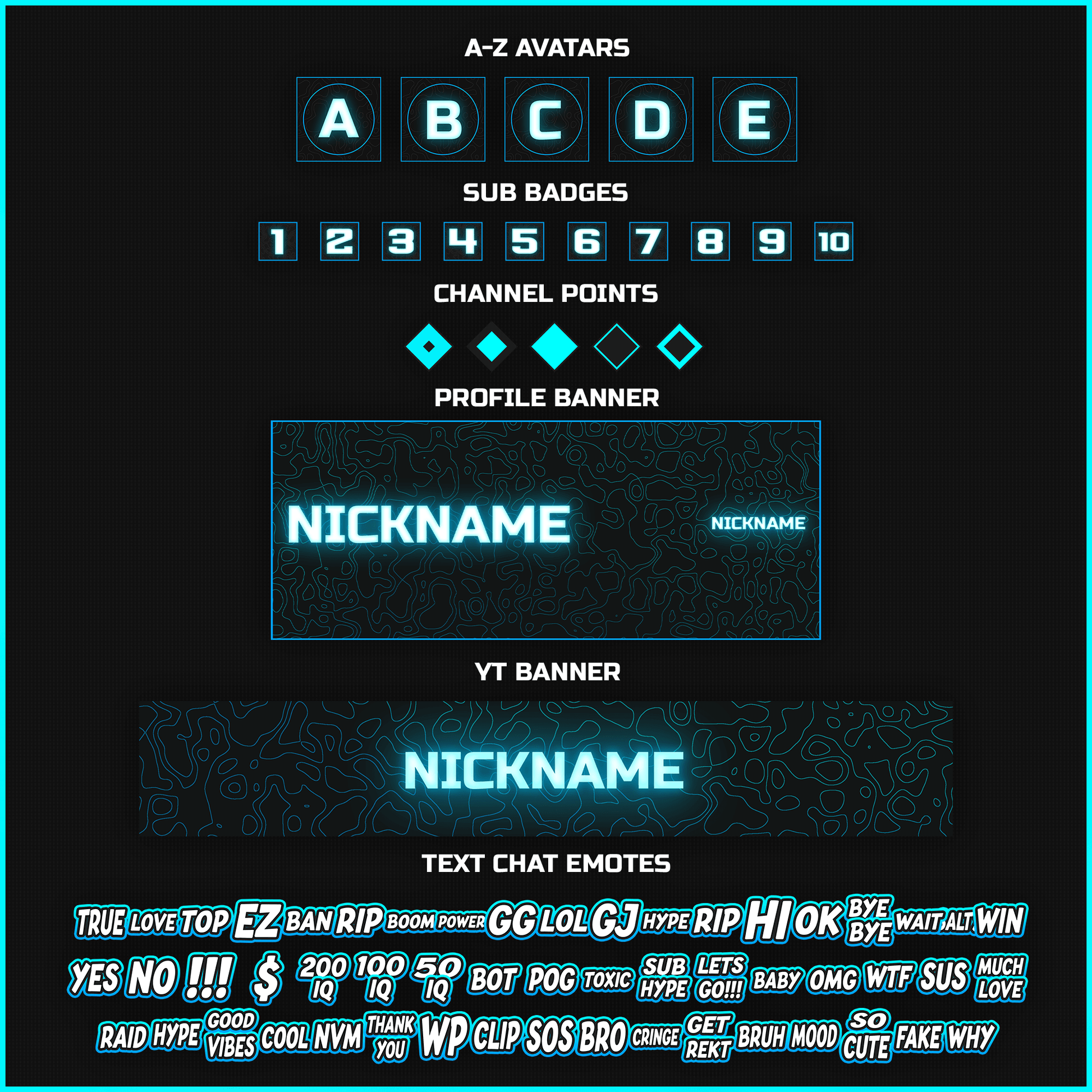 Blue neon stream overlays. Avatars, sub badges, channel points, profile banner, youtube banner, text chat emotes. 