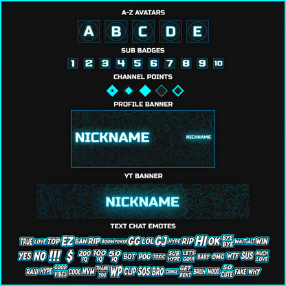 Blue neon stream overlays. Avatars, sub badges, channel points, profile banner, youtube banner, text chat emotes. 