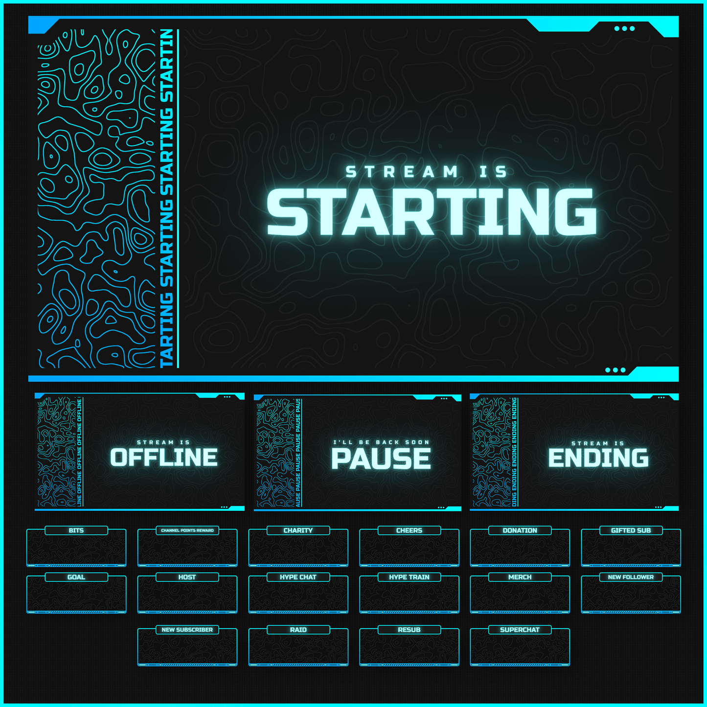Blue neon stream overlays. Stream is starting, stream is offline, pause, ending. Stream alerts.