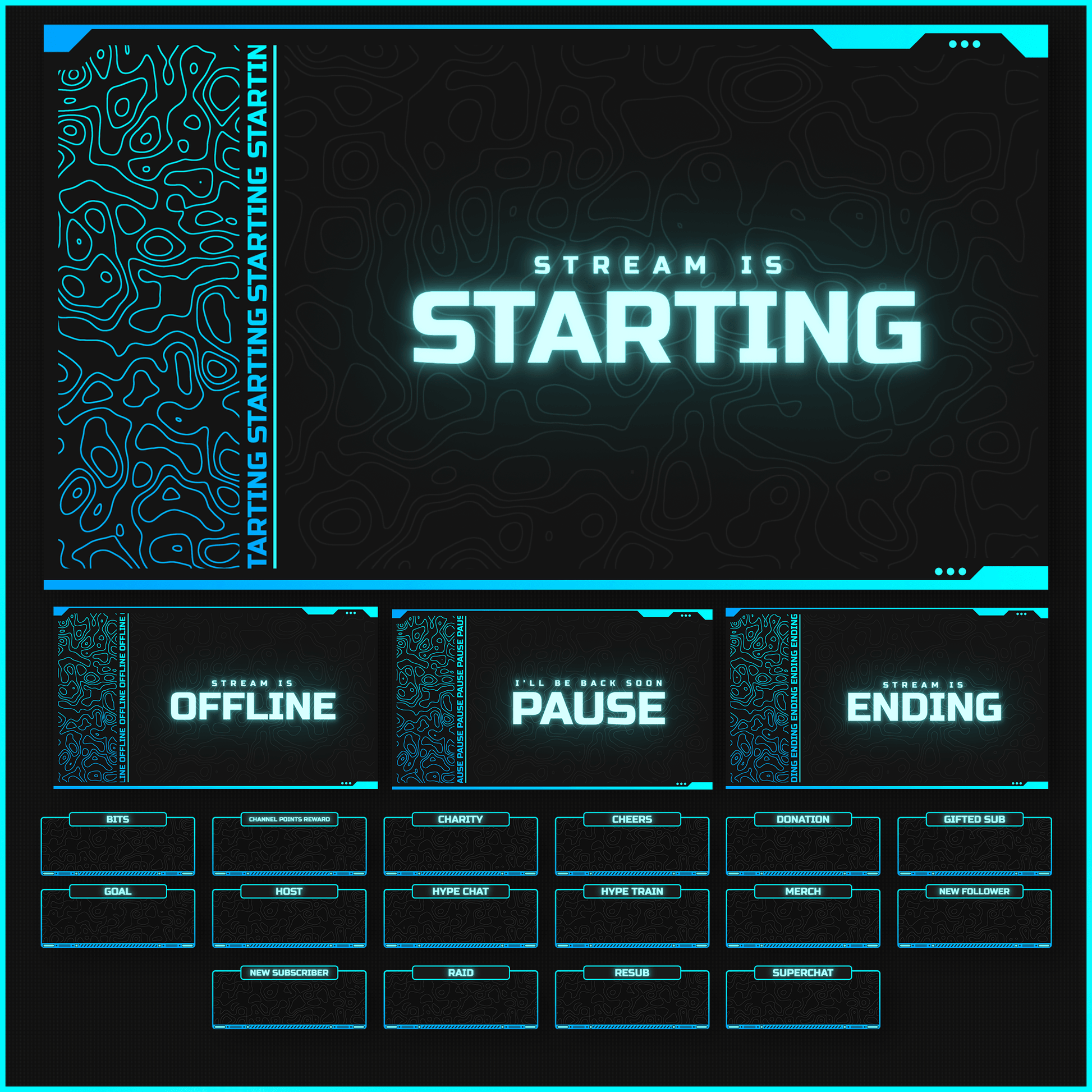Blue neon stream overlays. Stream is starting, stream is offline, pause, ending. Stream alerts.