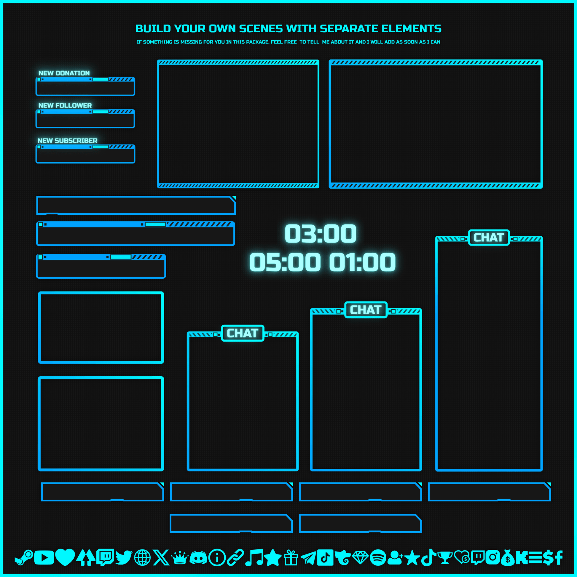 Blue neon stream overlays. Webcam overlays, streamlabels, timers, chat boxes, text bars, icons.