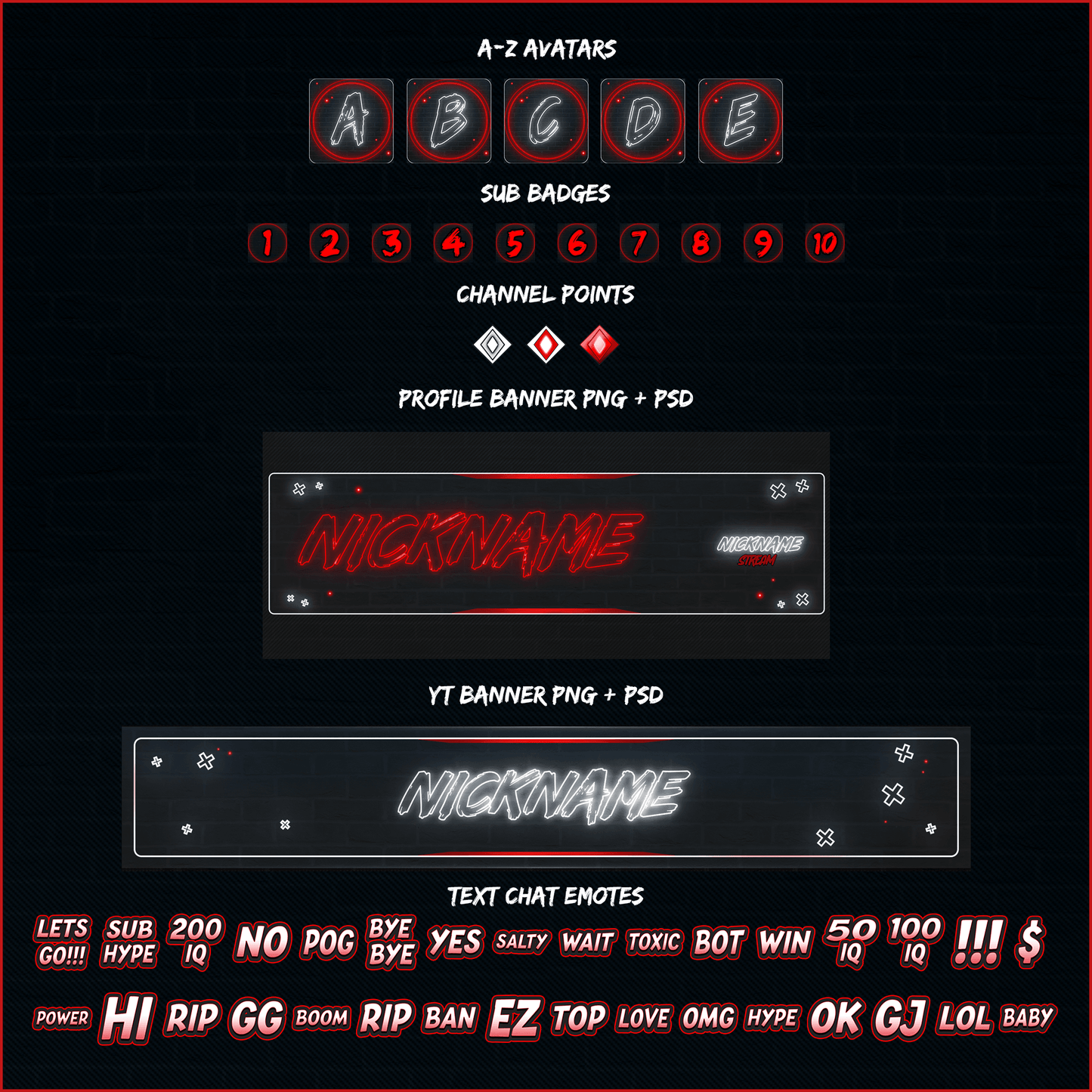 Dark neon stream overlays. Avatars, sub badges, channel points, profile banner, youtube banner, text chat emotes. 