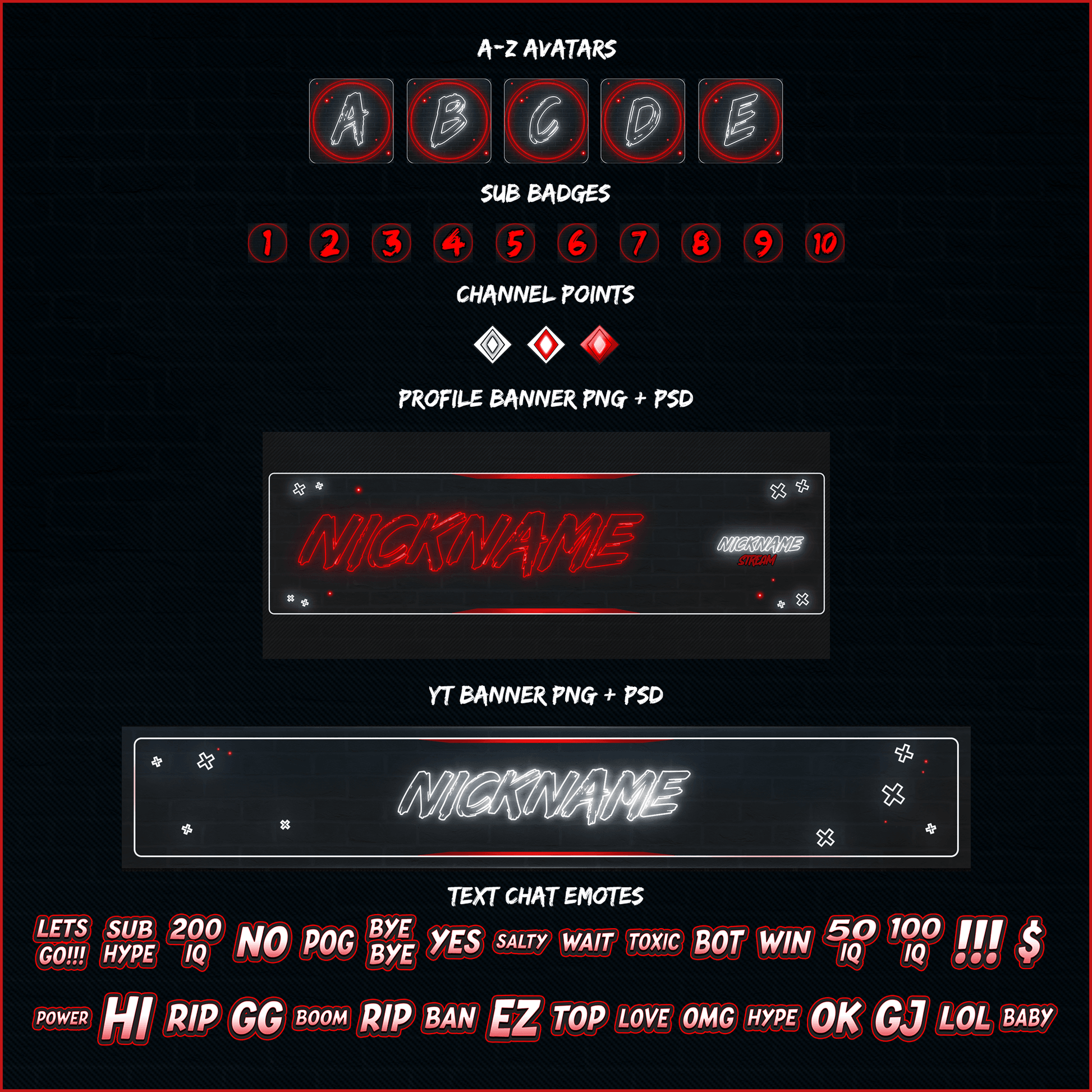 Dark neon stream overlays. Avatars, sub badges, channel points, profile banner, youtube banner, text chat emotes. 
