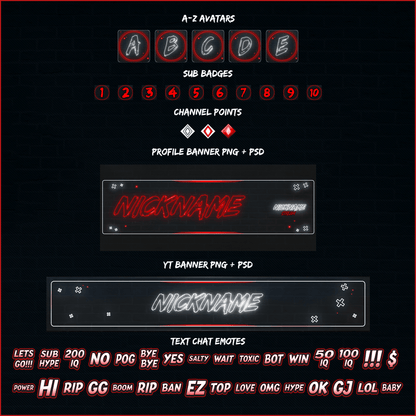 Dark neon stream overlays. Avatars, sub badges, channel points, profile banner, youtube banner, text chat emotes. 