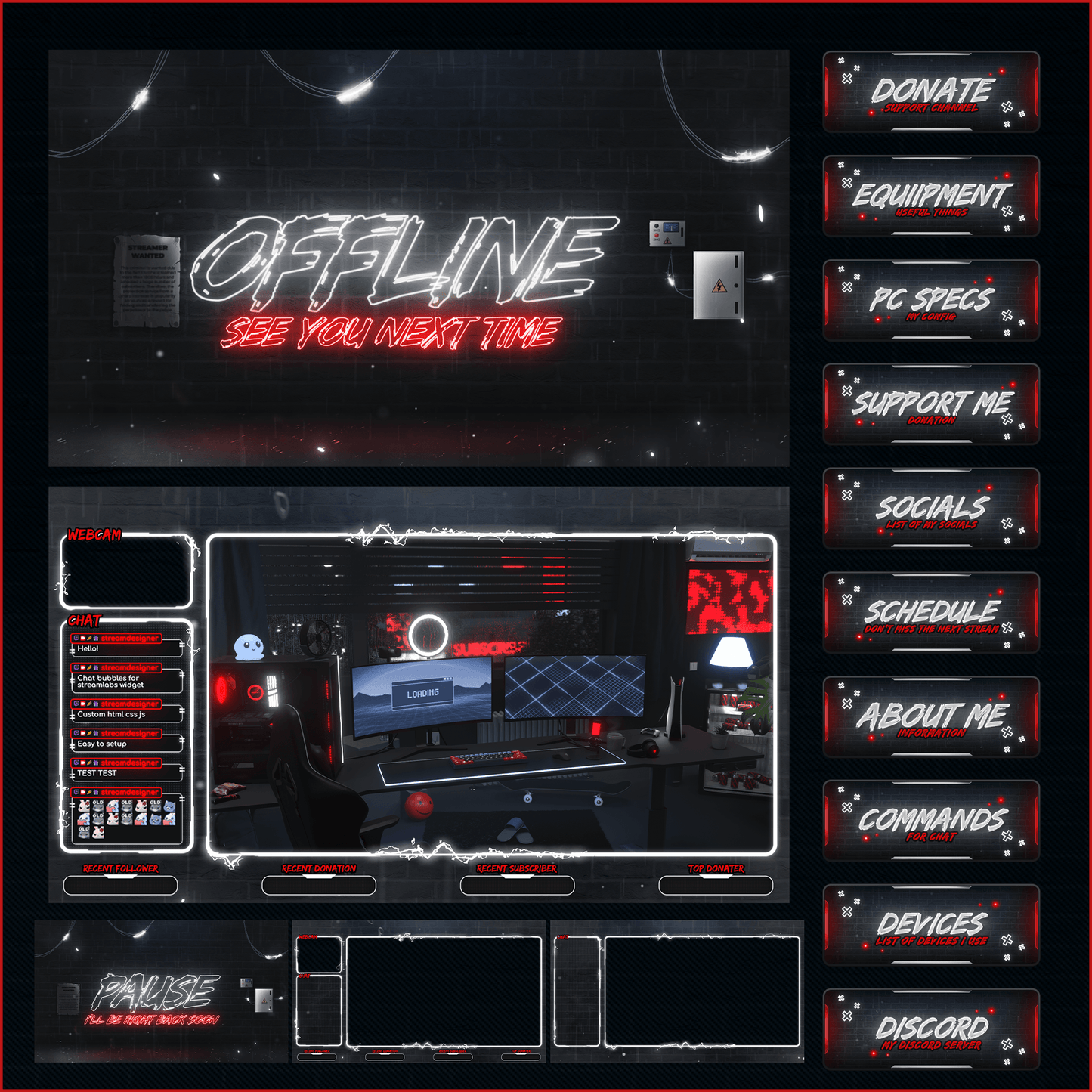 Dark neon stream overlays. Screens, panels, scenes. 