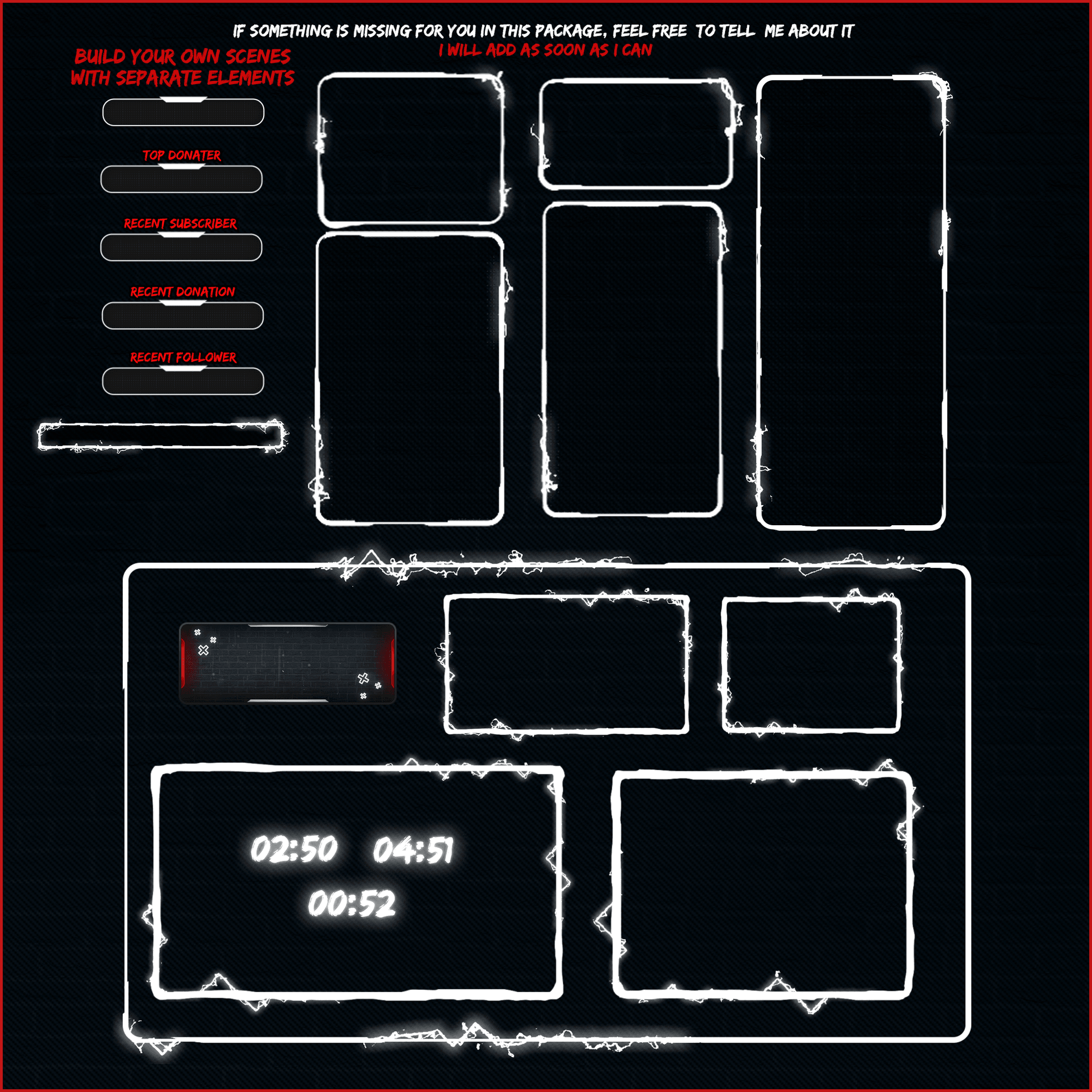 Dark neon stream overlays. Webcam overlays. Chat boxes. Panels. Timers. Stream labels. Link bars. 