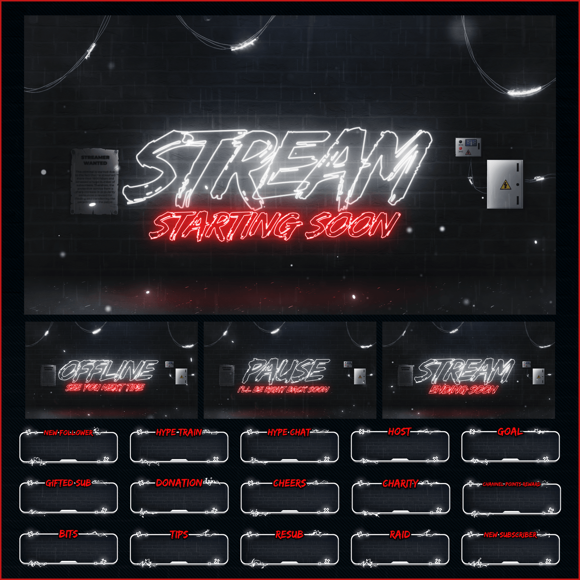 Dark neon stream overlays. Screens, alerts. 