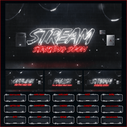 Dark neon stream overlays. Screens, alerts. 