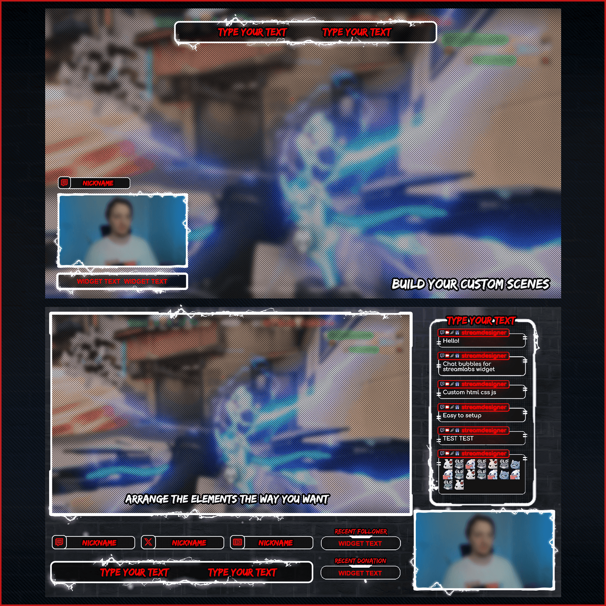 Dark neon stream overlays. Screens, panels, scenes, stream chat, webcam overlays, icons, socials. 