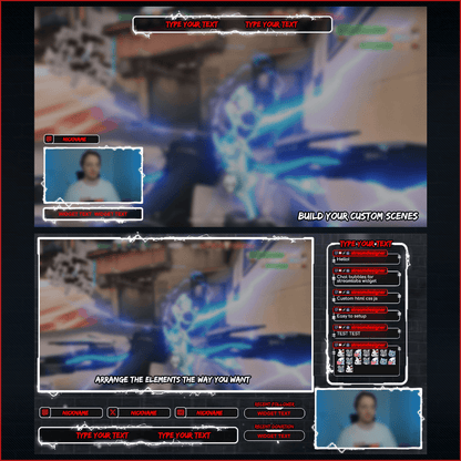 Dark neon stream overlays. Screens, panels, scenes, stream chat, webcam overlays, icons, socials. 
