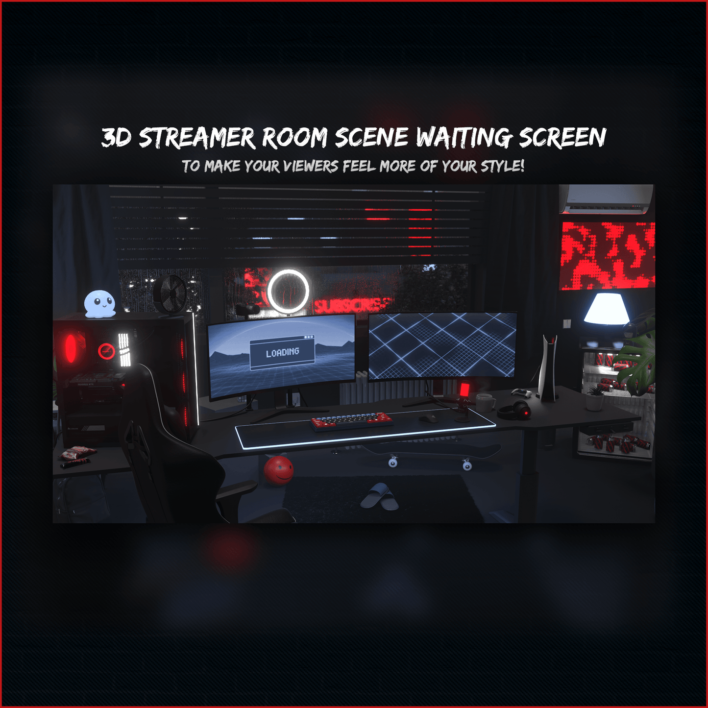 Dark neon stream overlays. Streamer room. 