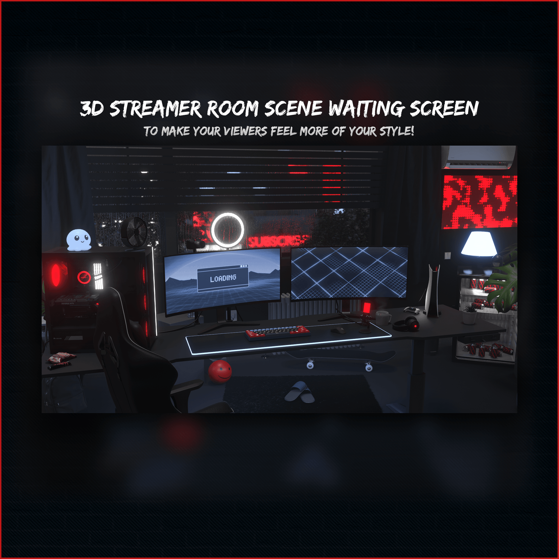 Dark neon stream overlays. Streamer room. 