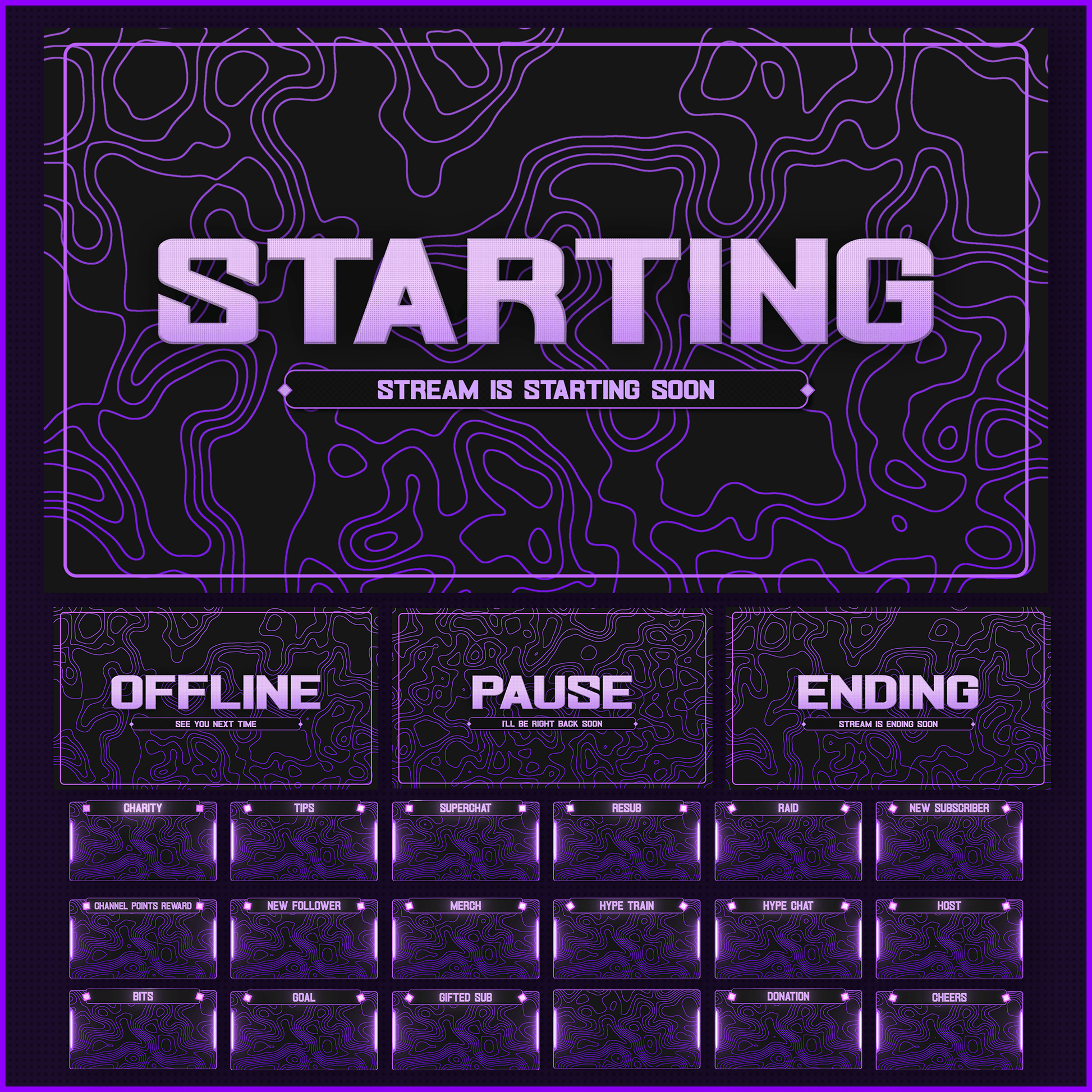 Purple stream overlays. Stream starting soon. Stream offline. Stream pause. Stream ending. Stream alerts.