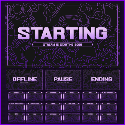 Purple stream overlays. Stream starting soon. Stream offline. Stream pause. Stream ending. Stream alerts.