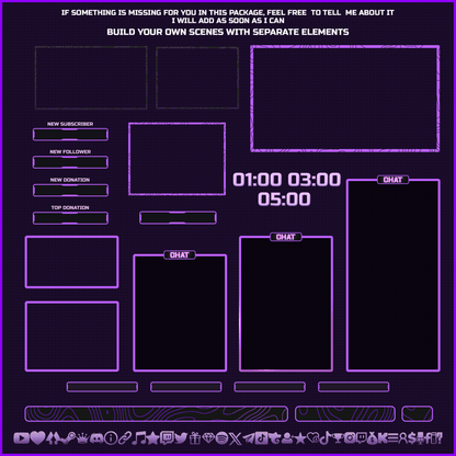 Purple stream overlays. Webcam overlays, timers, streamlabels, chat boxes, text bars, icons.
