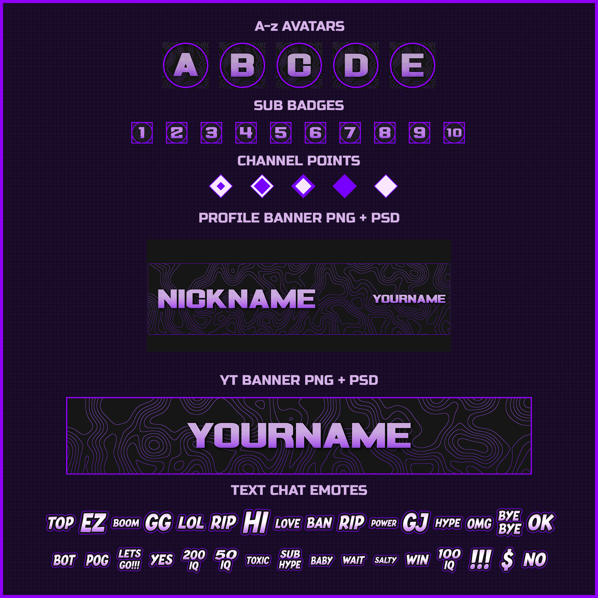 Purple stream overlays. Avatars, sub badges, channel points, twitch profile banner, youtube profile banner, chat emotes.