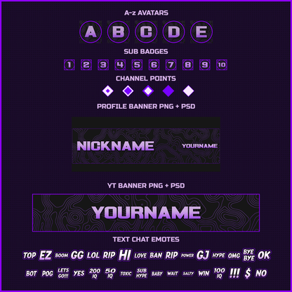 Purple stream overlays. Avatars, sub badges, channel points, twitch profile banner, youtube profile banner, chat emotes.