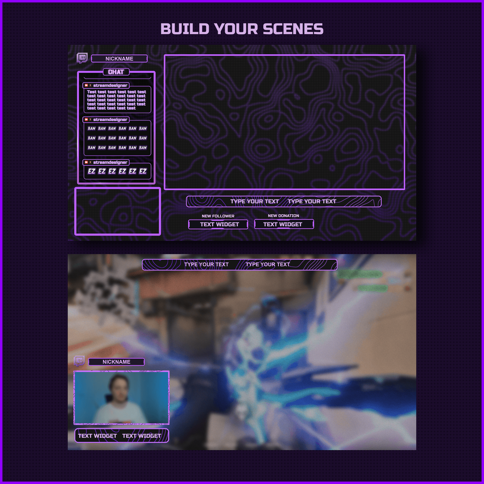 Purple stream overlays. Stream chat, webcam overlays, screen overlays, text bars, link bars, icons.