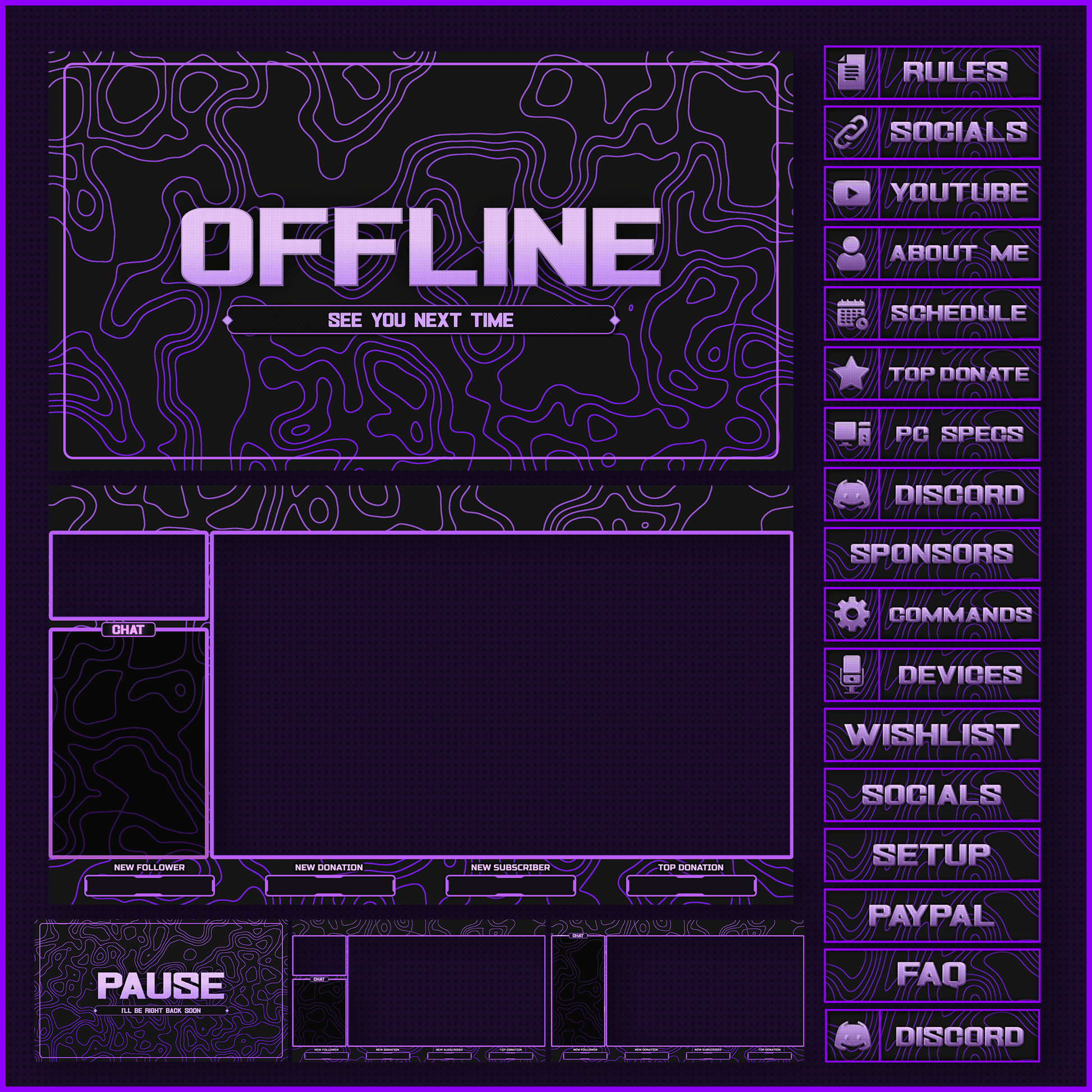 Purple stream overlays. Offline stream. Panels. Intermission screen. Stream Pause. Just chatting.