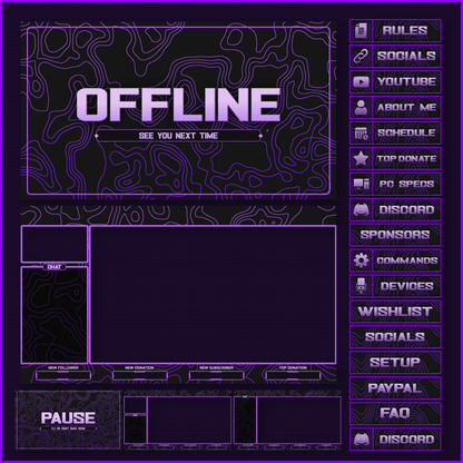 Purple stream overlays. Offline stream. Panels. Intermission screen. Stream Pause. Just chatting.