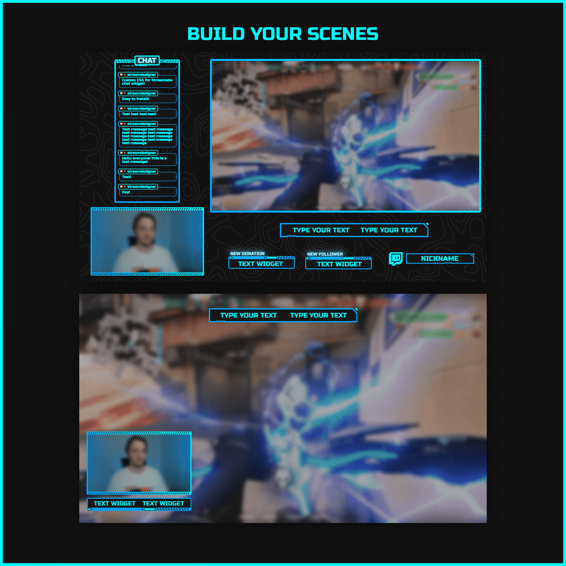 Blue neon stream overlays. Stream chat, webcam overlays, text bars, icons, stream labels.