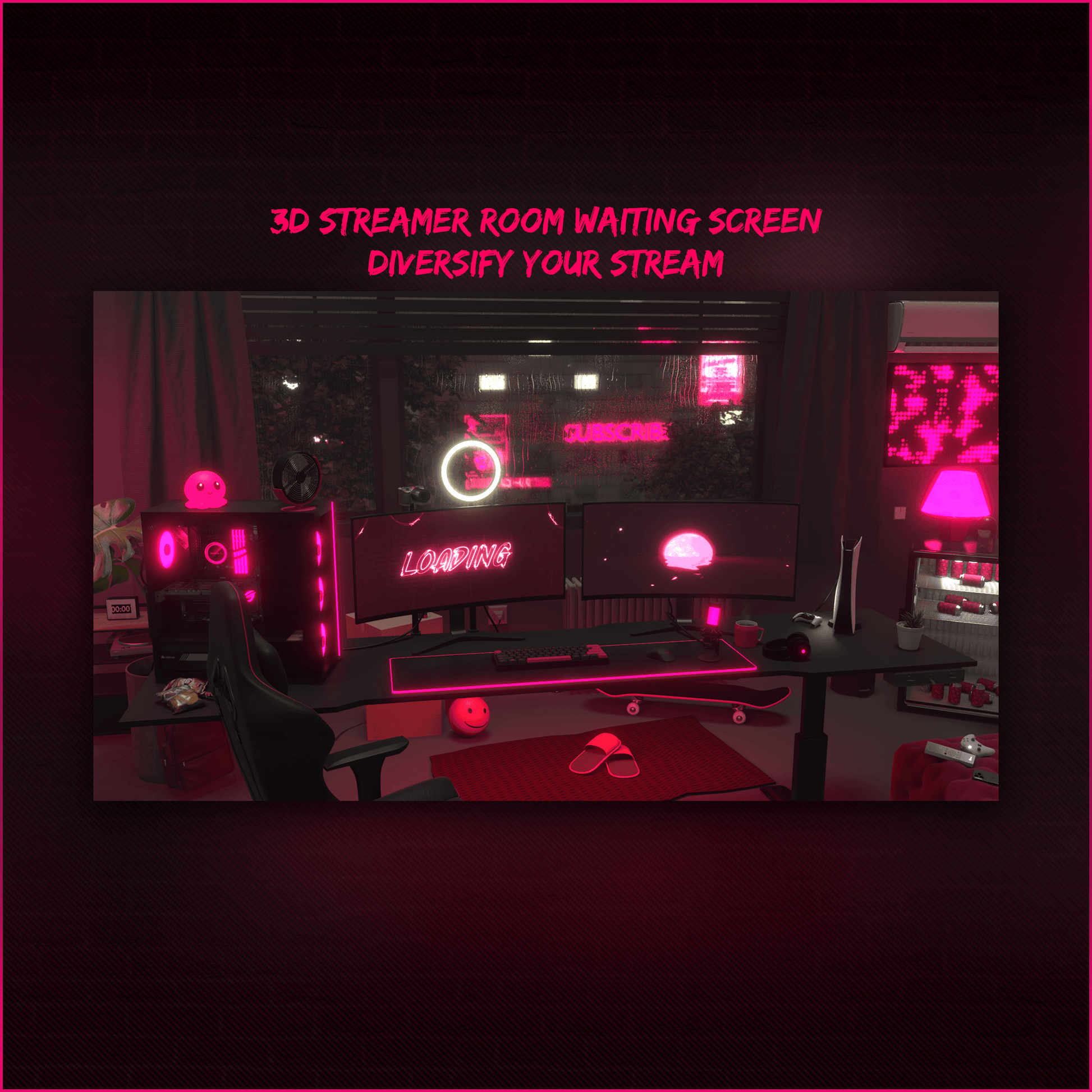 Pink neon stream overlays. Streamer room animated screen.
