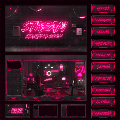Pink neon stream overlays. Stream starting soon. Stream panels. Intermission screen. Stream pause. Just chatting screen overlay.