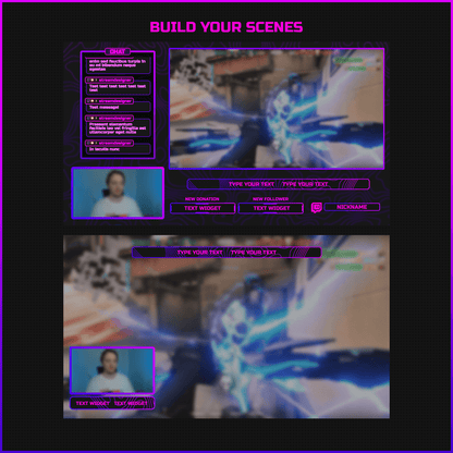 Purple gradient stream overlays. Chat boxes, webcam overlays, stream labels, icons, text bars.