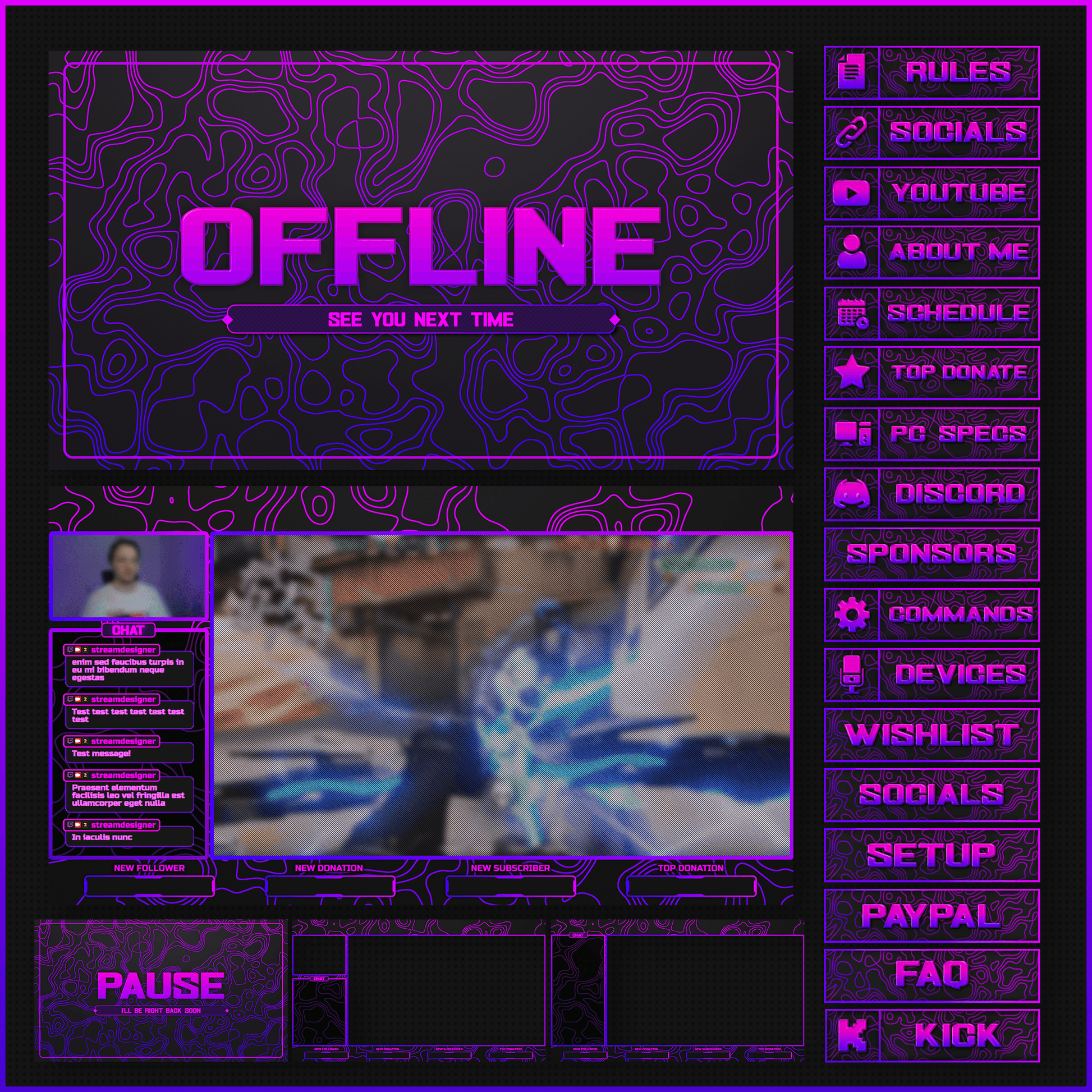 Purple gradient stream overlays.