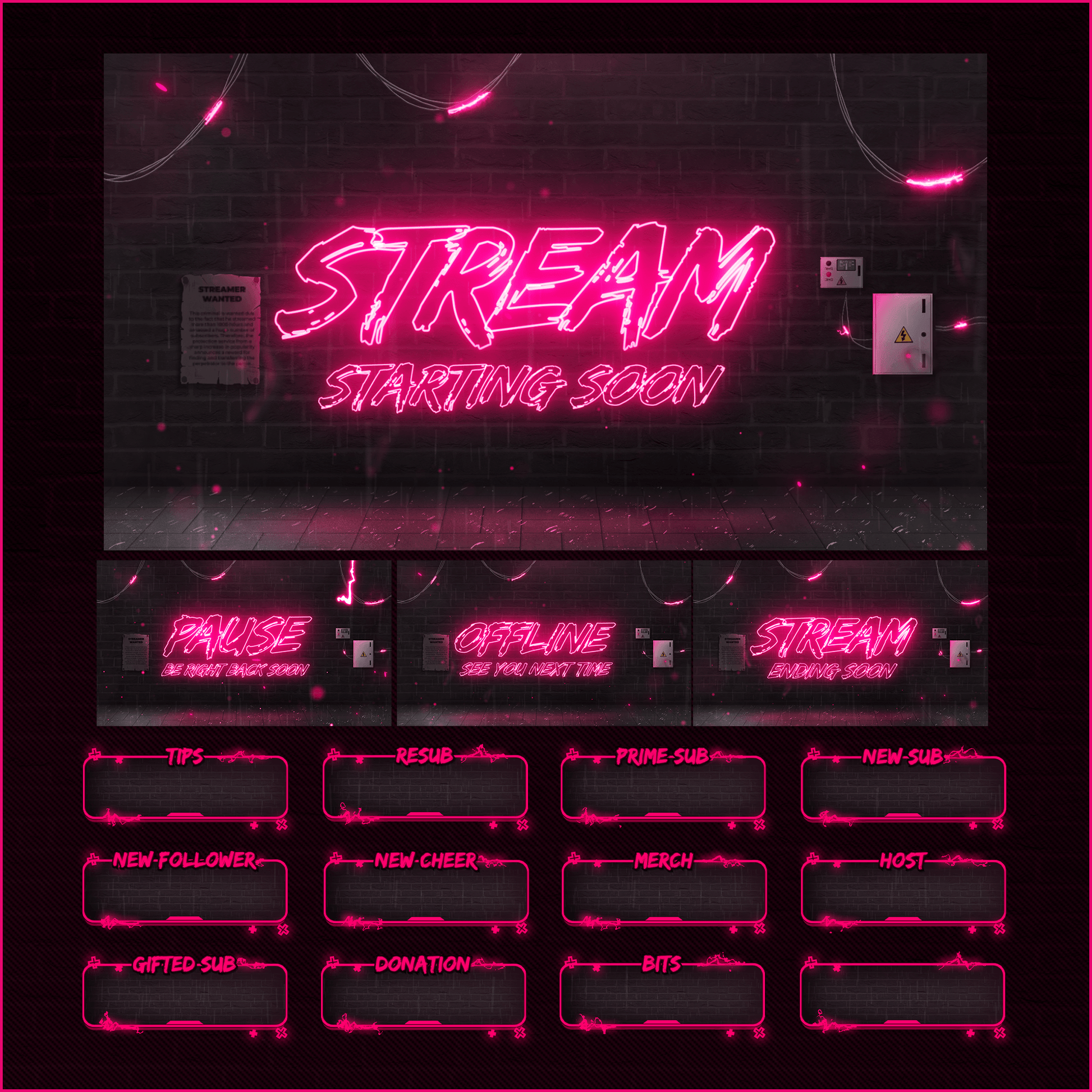 Pink neon stream overlays. Stream starting soon, Pause, Offline, Ending soon. Stream alerts.