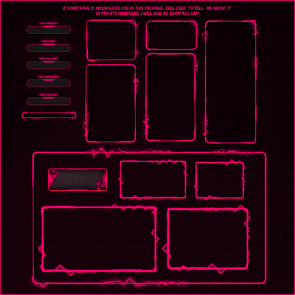 Pink neon stream overlays. Webcam overlays. chat boxes. stream labels, text bars.