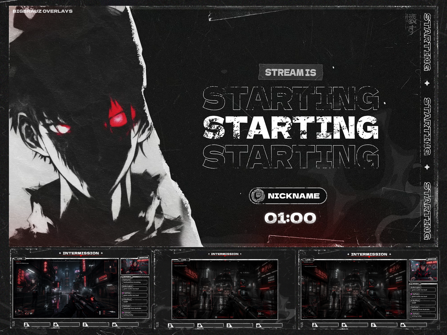 Dark anime stream overlays pack