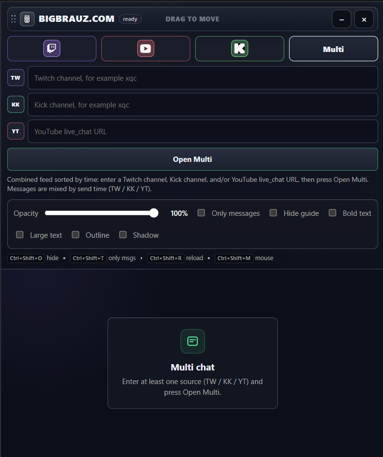 BIGBRAUZ chat app interface showing Twitch, YouTube, Kick and Multi chat tabs