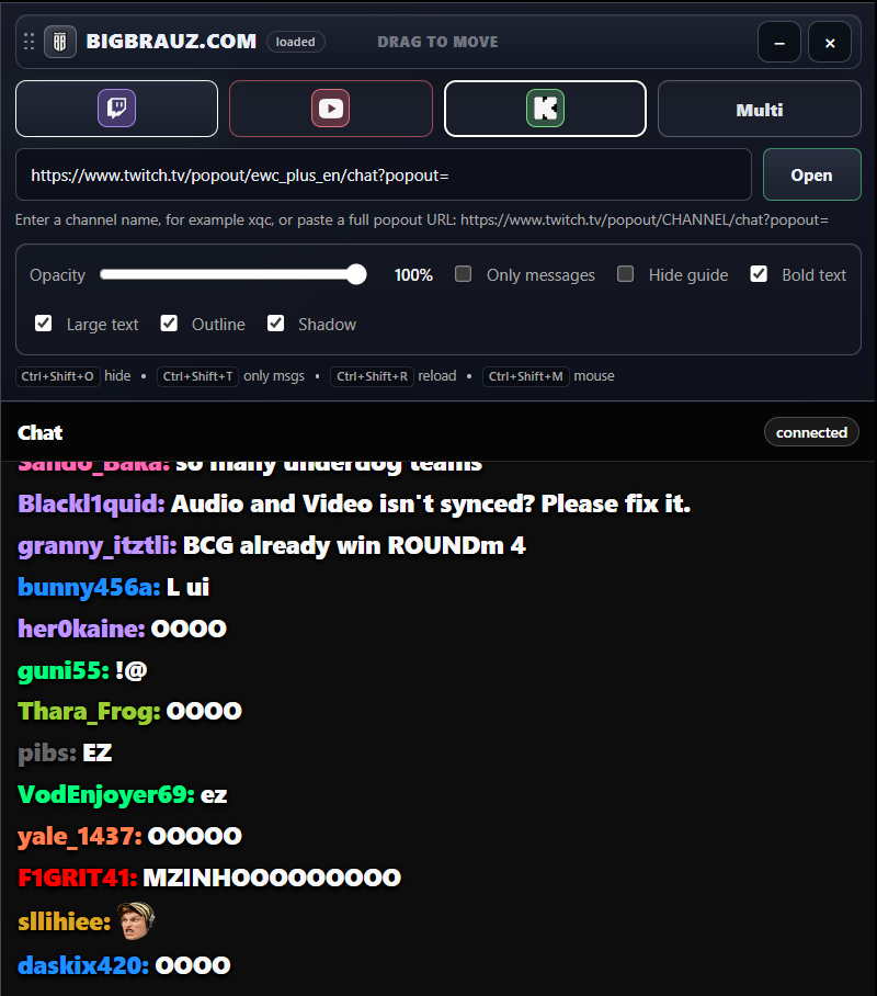 BIGBRAUZ chat app Twitch mode with controls